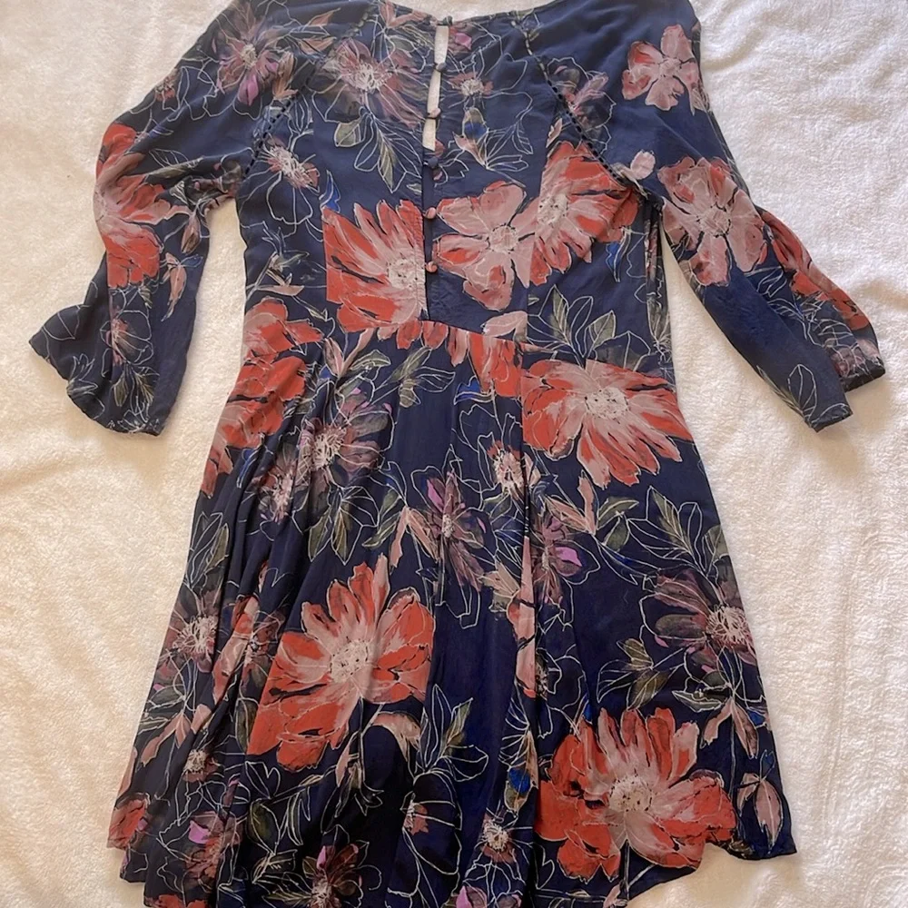 Free People Floral Navy and Orange Lined Dress Size 0 EUC